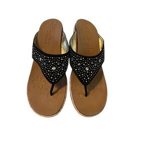 New Skechers Luxe Foam Womens Black Rhinestone Wedge Sandals Size 10
